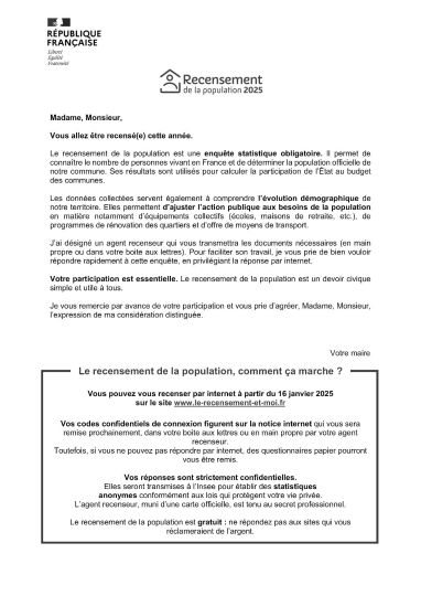 RECENSEMENT POPULATION 2025 : Pour la version papier n'hésitez pas à demander à votre agent recenseur ou à passer en mairie