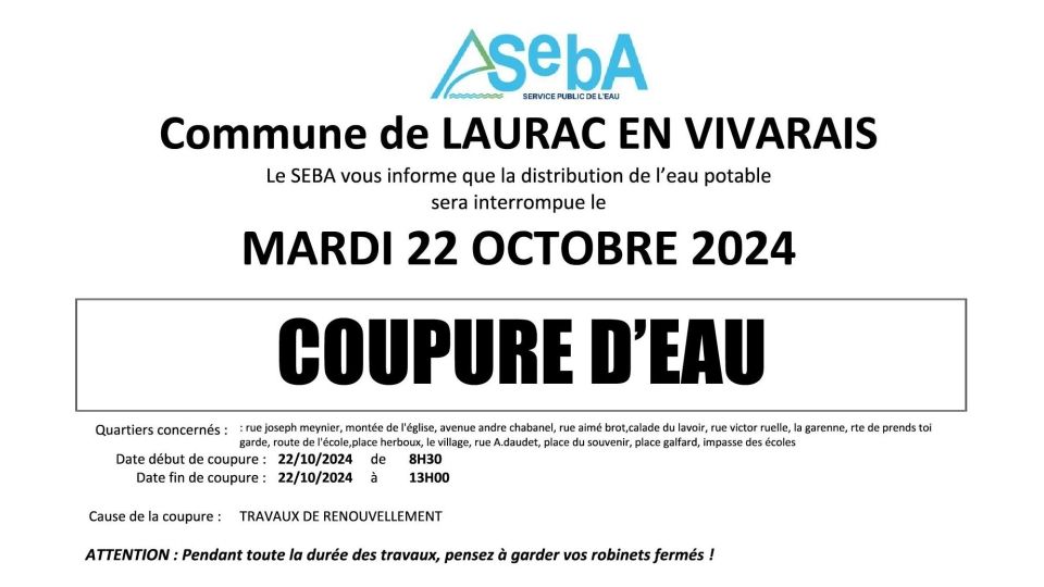 Le 22/10 : COUPURE D'EAU